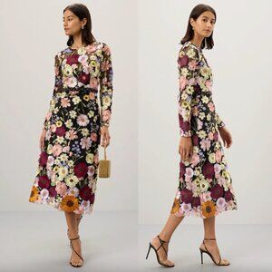 Ieena for Mac Duggal High Neck Floral Embellished A-Line Midi Dress Long Sleeve
